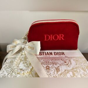 Dior Red Velvet Pouch & GWP Ribbon and Pearl Bag Charm Attachment